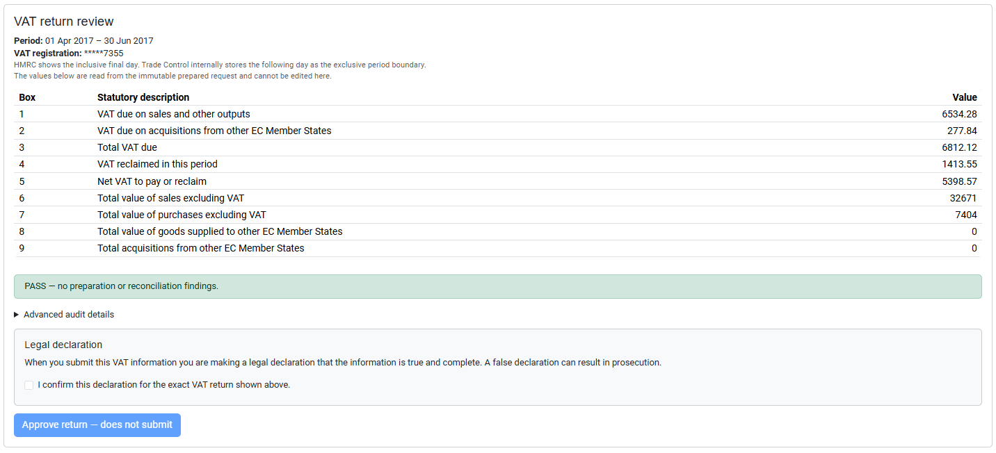 VAT return review showing the exact nine VAT return figures and legal declaration