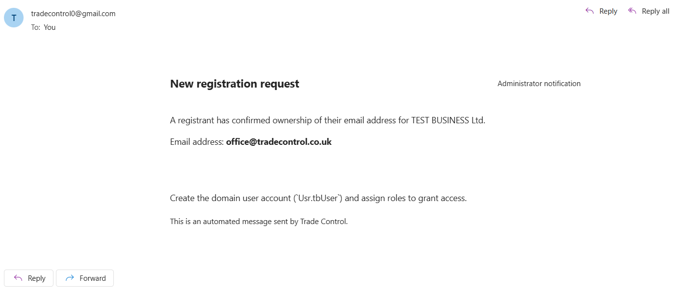 Admin notification - new registration request